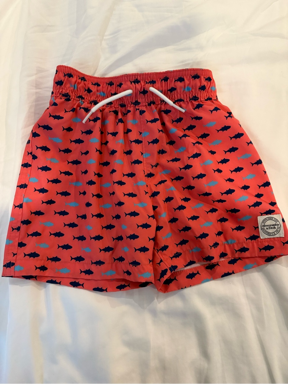 Abercrombie Kids Coral Swim Trunks with Navy & Light Blue Fish Print 5/6 EUC